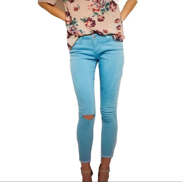 Mid Rise Light Blue Colored Knee Ripped Skinny Jeans - Picture 1 of 4